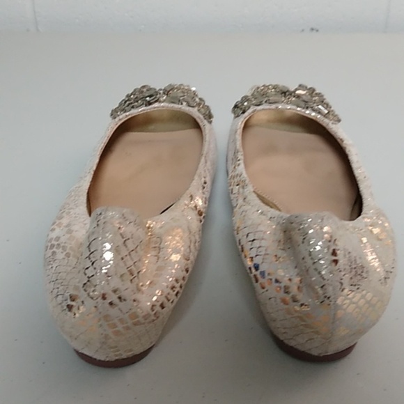 ARTURO CHANG GOLD & CREAM LEATHER SNAKE BALLET FLATS WITH RHINSTONES - Picture 3 of 14